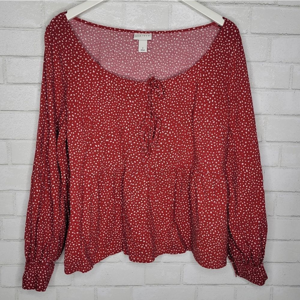 Ava & Viv Red Dotted Peasant Long Sleeve Babydoll Blouse